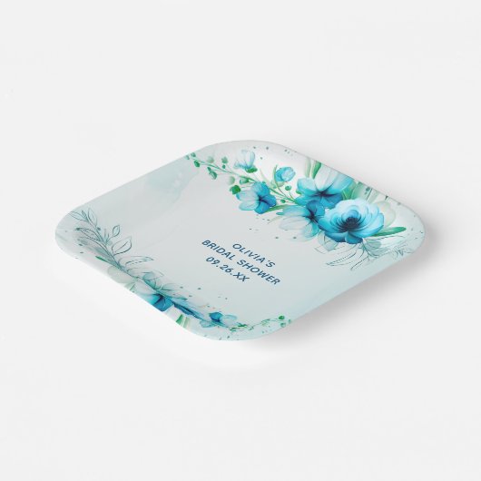 Blauw Bloemenschilderwerk Persoonlijke Bruidsdouch Papieren Bordje (Gebogen)
