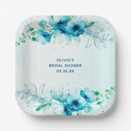 Blauw Bloemenschilderwerk Persoonlijke Bruidsdouch Papieren Bordje