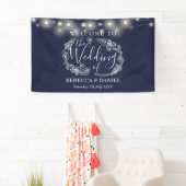 Blauw Bloemenslinger Schrift Bruiloft Spandoek (Insitu)