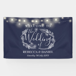 Blauw Bloemenslinger Schrift Bruiloft Spandoek