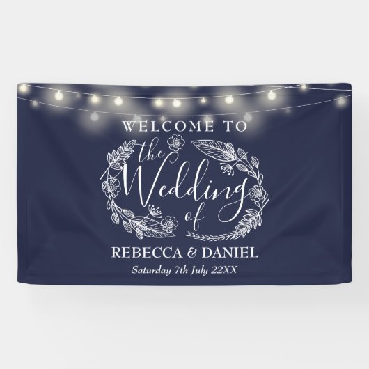 Blauw Bloemenslinger Schrift Bruiloft Spandoek (Horizontaal)