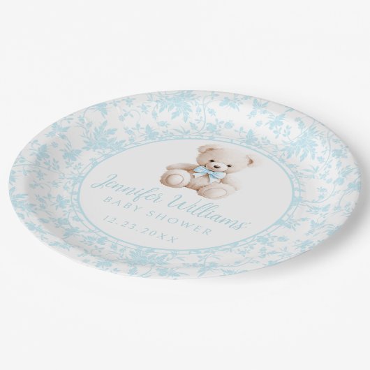 Blauw bloementeddybeer baby boy douchepapier papieren bordje (Gekanteld)