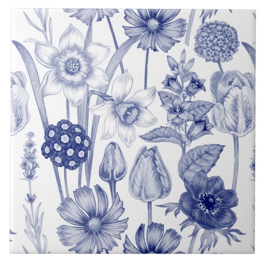 Blauw  bloementegelpatroon tegeltje (Voorkant)