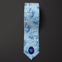 Blauw bloemgeïnspireerd monogram stropdas