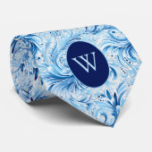 Blauw bloemgeïnspireerd monogram stropdas (Opgerold)