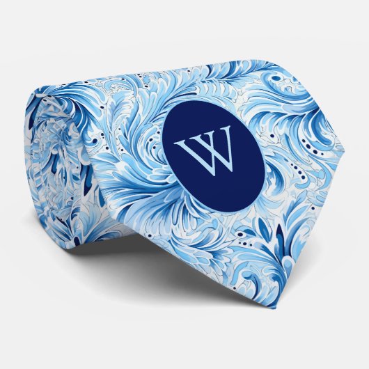 Blauw bloemgeïnspireerd monogram stropdas (Opgerold)