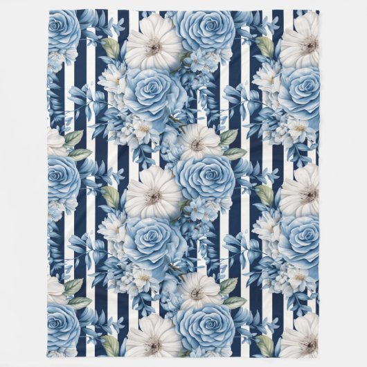 Blauw Bloemgestreept Bruiloftsfeest Fleece Deken (Voorkant)
