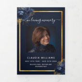 Blauw bloemgoud foto drieledig begrafenisprogramma drieluik aankondiging (Cover)