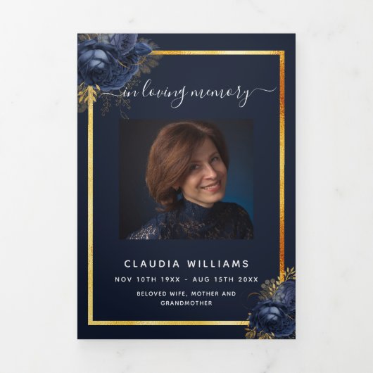 Blauw bloemgoud foto drieledig begrafenisprogramma drieluik aankondiging (Cover)