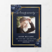 Blauw bloemgoud foto drieledig begrafenisprogramma drieluik aankondiging (Cover)