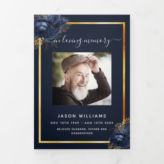 Blauw bloemgoud foto drieledig begrafenisprogramma drieluik aankondiging (Cover)