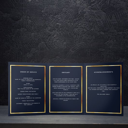 Blauw bloemgoud foto drieledig begrafenisprogramma drieluik aankondiging