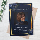 Blauw bloemgoud foto drieledig begrafenisprogramma drieluik aankondiging