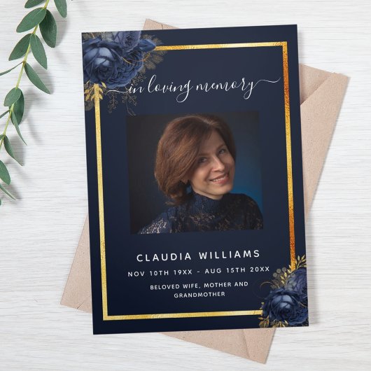 Blauw bloemgoud foto drieledig begrafenisprogramma drieluik aankondiging