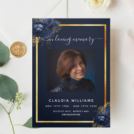 Blauw bloemgoud foto drieledig begrafenisprogramma drieluik aankondiging