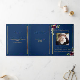 Blauw bloemgoud foto drieledig begrafenisprogramma drieluik aankondiging