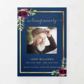 Blauw bloemgoud foto drieledig begrafenisprogramma drieluik aankondiging (Cover)