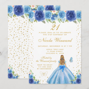 Blauw Bloemig Blond Haar Prinses Verjaardagsfeest Kaart
