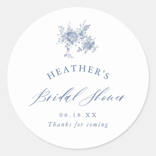 Blauw Bloemig Bruidsdiner Ronde Sticker (Voorkant)