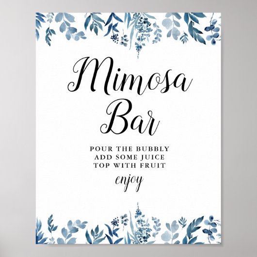 Blauw bloemig bruidsdouche mimosa bar bord poster (Voorkant)