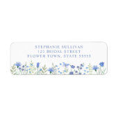 Blauw bloemig bruidsdouche retouradres etiket (Voorkant)