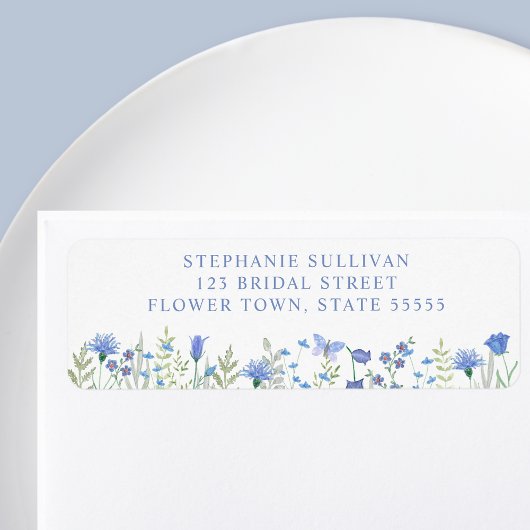 Blauw bloemig bruidsdouche retouradres etiket