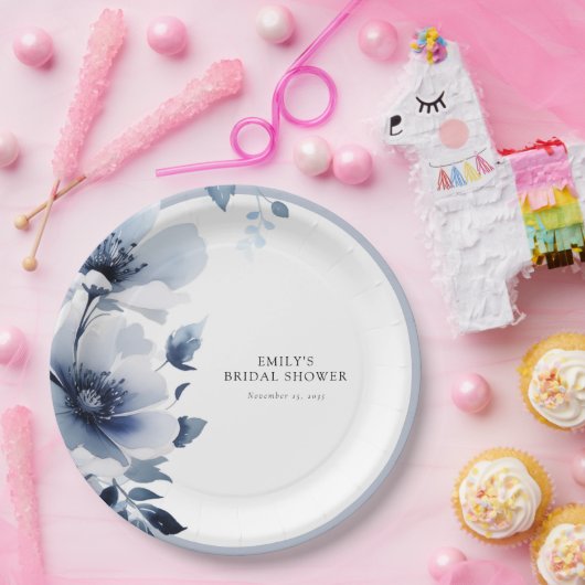 Blauw Bloemig Bruidsfeest Papieren Bordje (Feest)