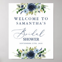 Blauw bloemig bruidsfeest welkomstbord