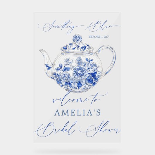 Blauw bloemig bruiloft feest welkom bord (Voorkant)