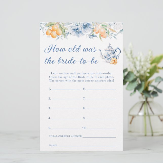 Blauw Bloemig Citrus Hoe Oud is de Bruid om Te Tro (Staand voorkant)