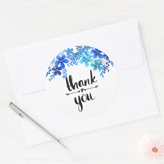 Blauw bloemig dank u sticker (Envelop)