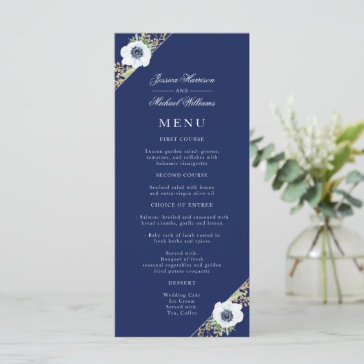 Blauw Bloemig Elégant Anemone Bruidsboeket Bruilof Menu (Staand voorkant)