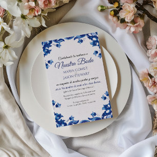 Blauw Bloemig Elegant Fiesta Spaans Huwelijk Kaart