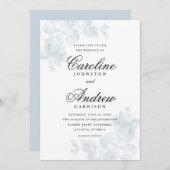  blauw bloemig elegant script bruiloft kaart (Voorkant / Achterkant)