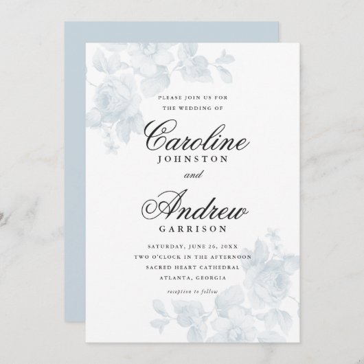  blauw bloemig elegant script bruiloft kaart (Voorkant / Achterkant)