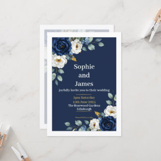 Blauw Bloemig Elegant Trouwuitnodiging Kaart