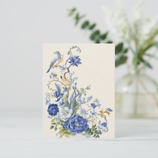 Blauw bloemig en vogeltje Briefkaart (Staand voorkant)