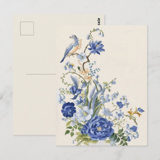  Blauw bloemig en vogeltje Briefkaart (Voorkant / Achterkant)