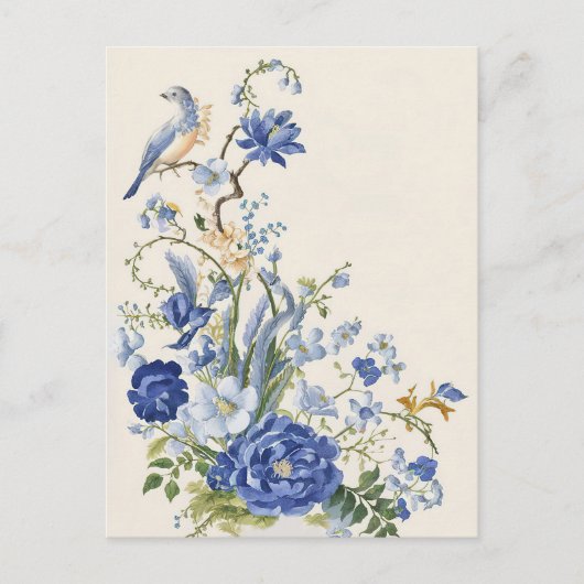 Blauw bloemig en vogeltje Briefkaart (Voorkant)