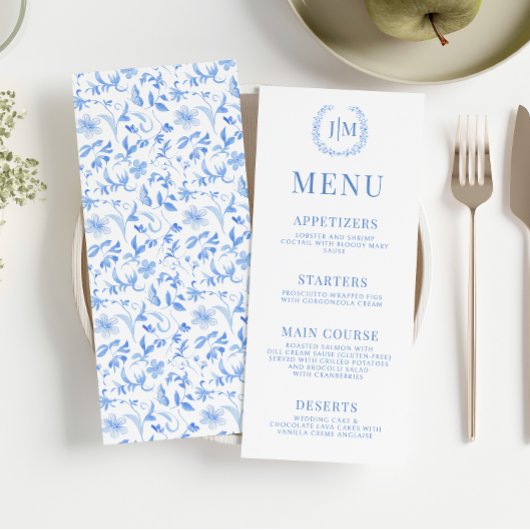 Blauw bloemig folk porselein elegant bruiloft menu