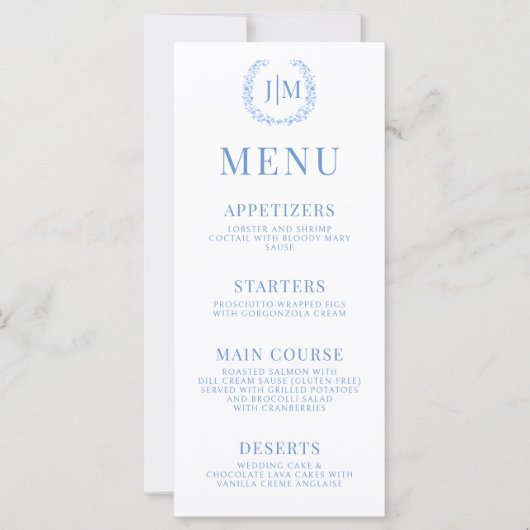 Blauw bloemig folk porselein elegant bruiloft menu (Voorkant)