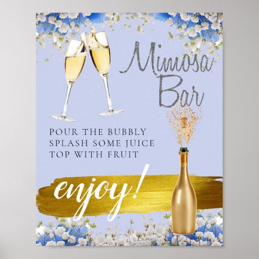 Blauw bloemig gouden bruidsbrunch Mimosa Bar bord Poster (Voorkant)