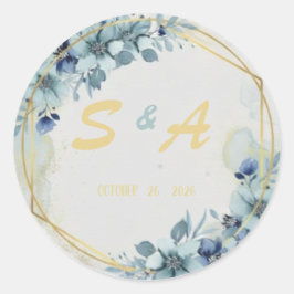 Blauw Bloemig Gouden Elegant Trouwgeschenk Ronde Sticker