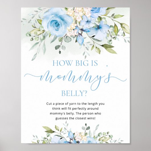 Blauw bloemig hoe groot is mama's buik spel poster (Voorkant)