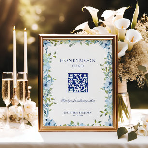 Blauw bloemig huwelijksreis geschenk QR-code huwel Poster