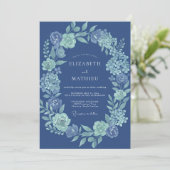 Blauw bloemig laurierhuwelijk kaart (Staand voorkant)