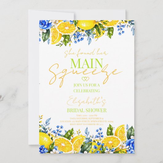 Blauw bloemig Lemon Main Squeeze Bruidsfeest Kaart (Voorkant)