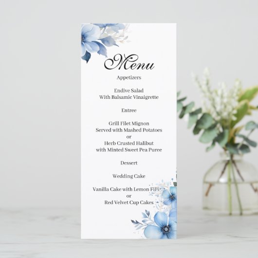 Blauw bloemig menu (Staand voorkant)