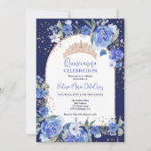 Blauw bloemig Roos gouden tiara prinses Quinceaner Kaart (Voorkant)