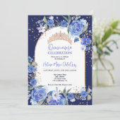Blauw bloemig Roos gouden tiara prinses Quinceaner Kaart (Staand voorkant)